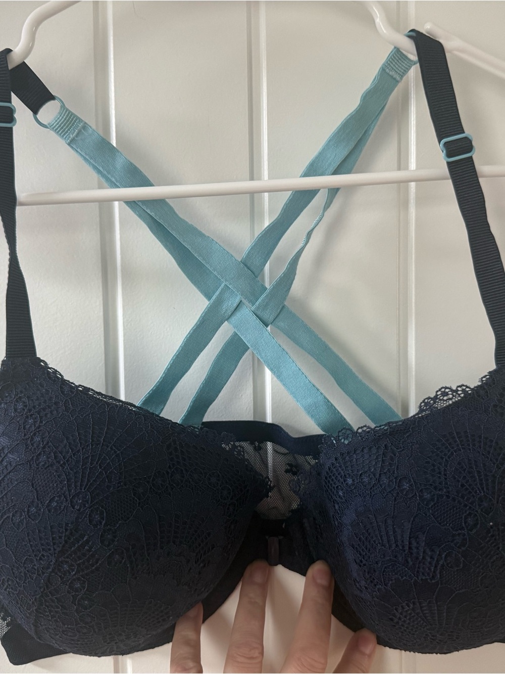 Victoria's Secret Navy Lace Bra with Aqua Crisscross Straps